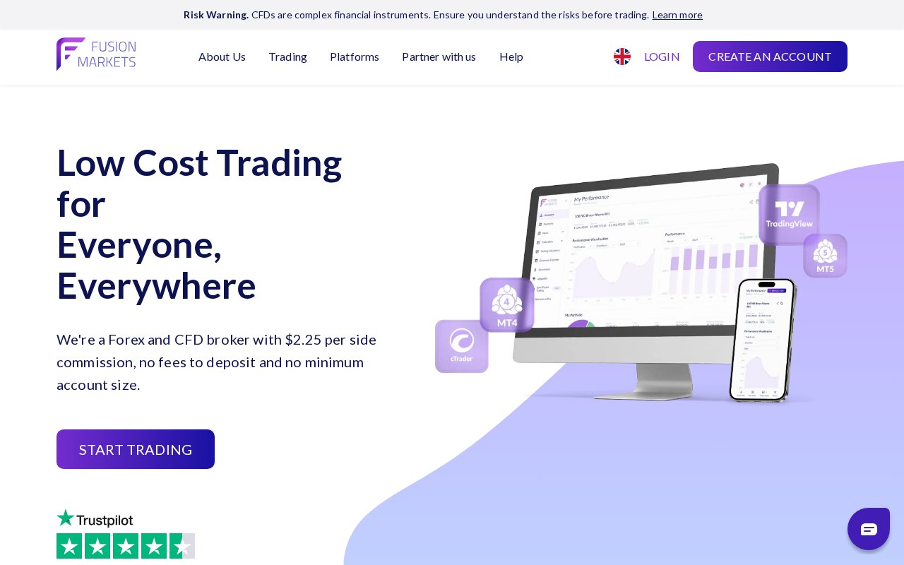 Fusion Markets公式サイトのトップページ