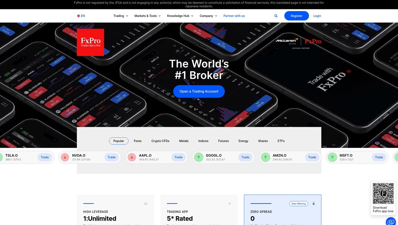 FxPro公式サイトのトップページ